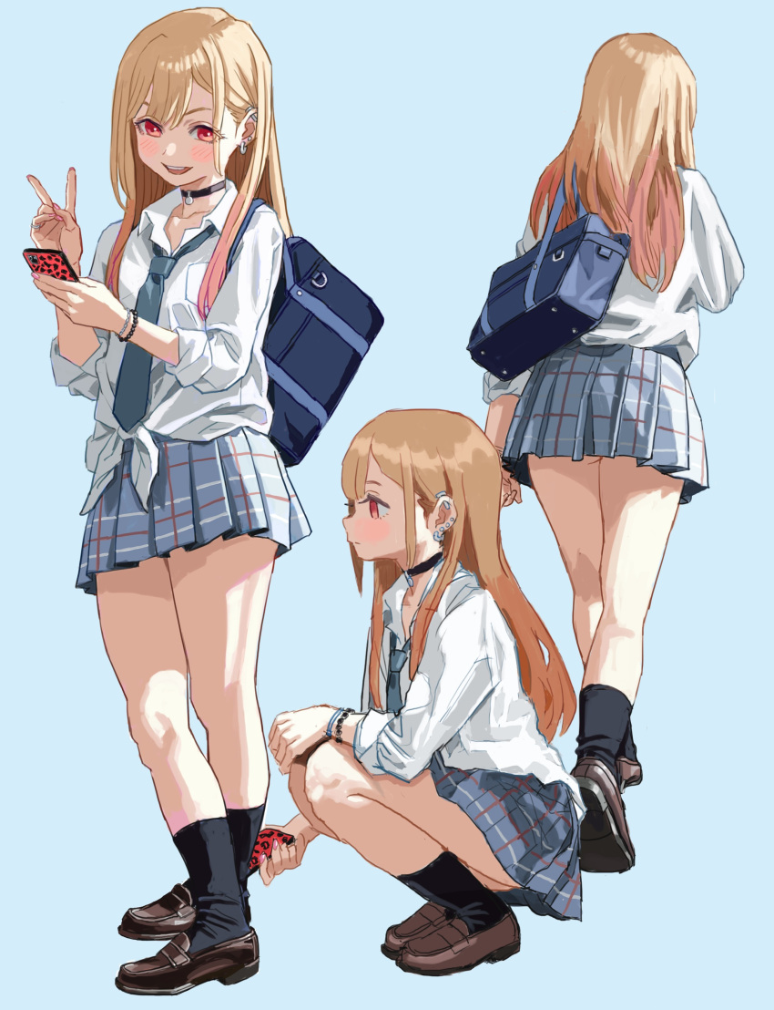 1girl, absurdres, bangs, black_choker, blonde_hair, blush, choker, ear_piercing