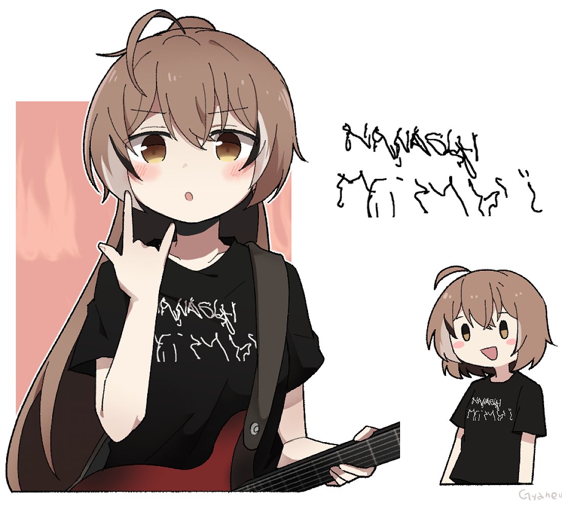 1girl, :d, :o, \m/, ahoge, bangs, black_shirt, blush