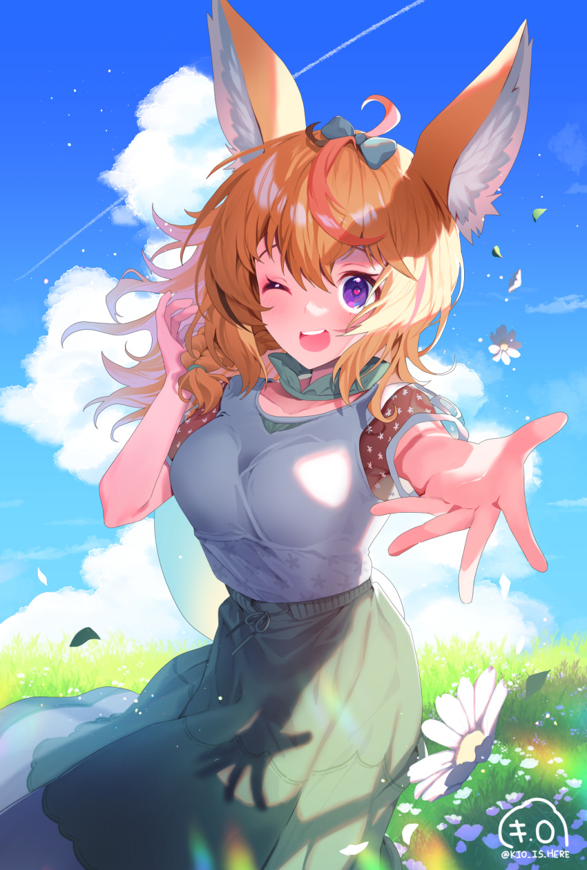 1girl, ;d, ahoge, animal_ears, bangs, beckoning, blonde_hair, braid
