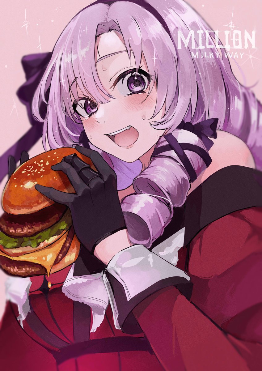 1girl, aster_drawing, bangs, bare_shoulders, black_gloves, blush, burger, claw_ring