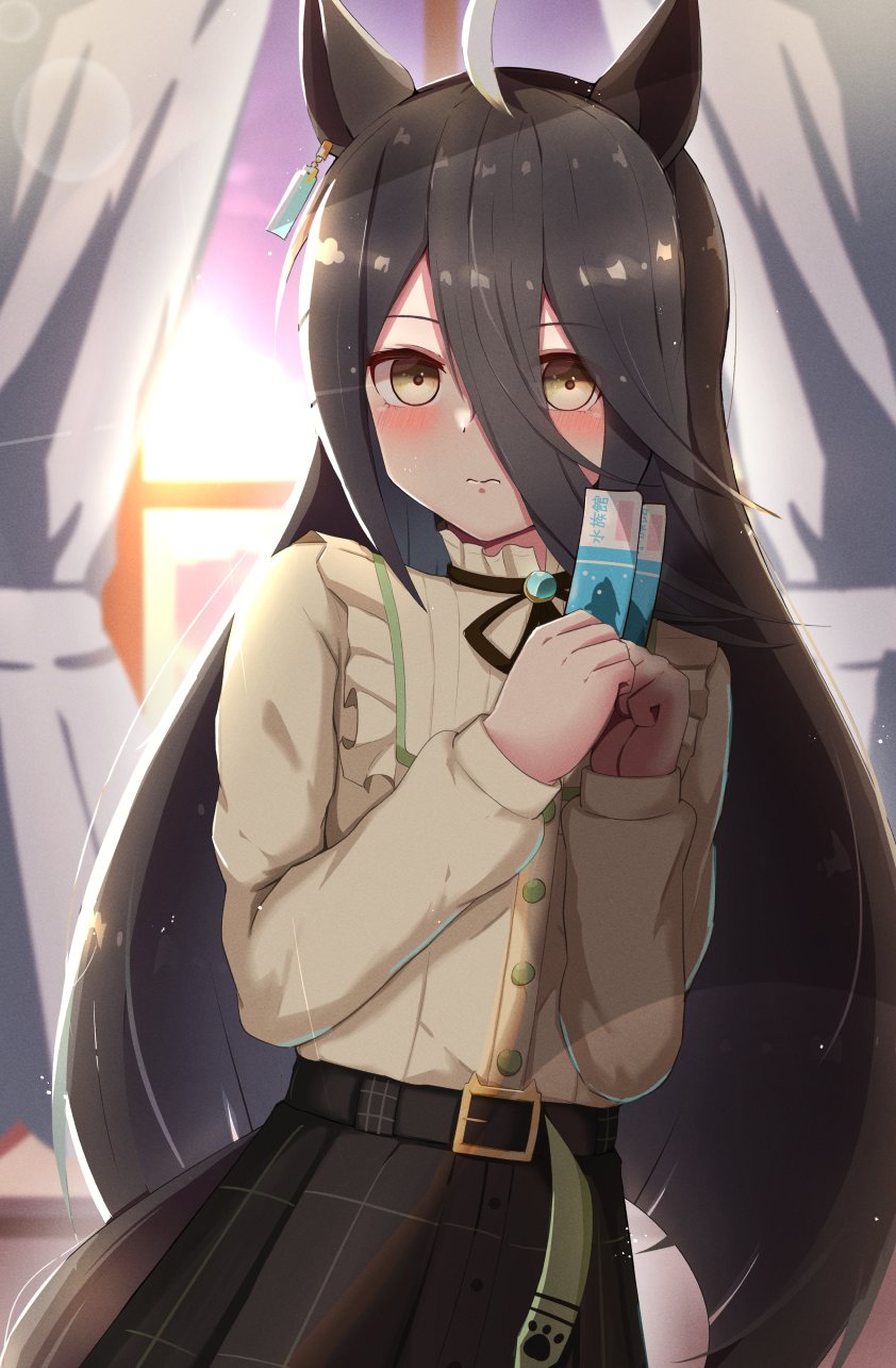 1girl, ahoge, animal_ears, belt, black_hair, blush, casual, commentary_request