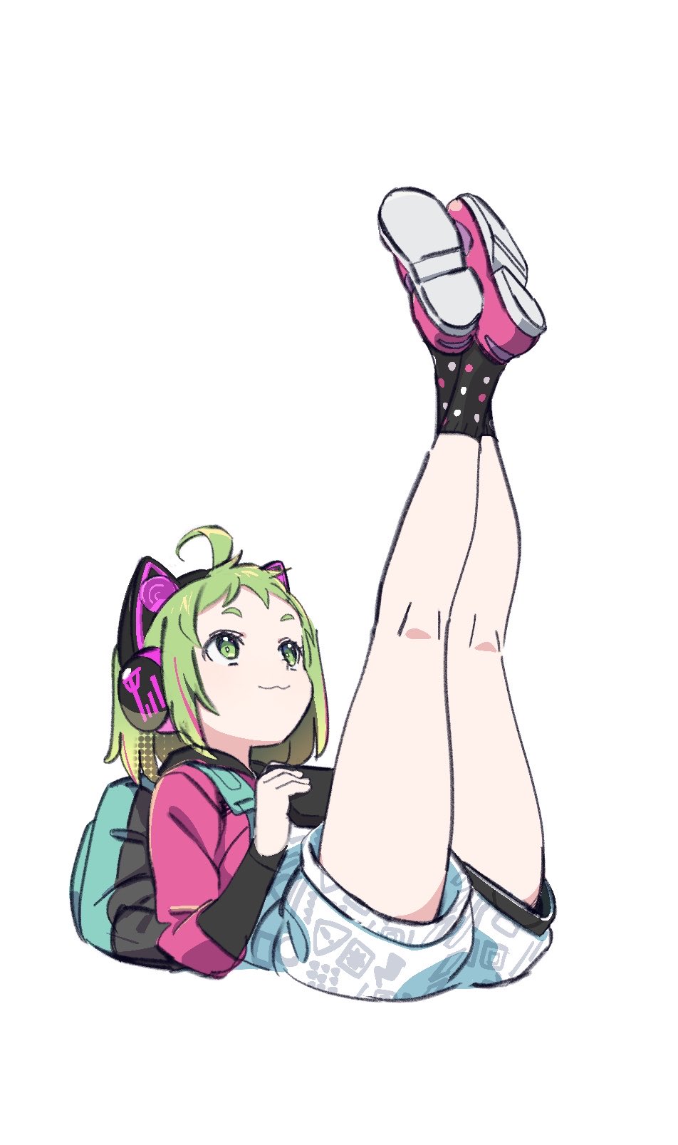 1girl, :3, ahoge, animal_ear_headphones, antenna_(dohna_dohna), backpack, bag, closed_mouth, dohna_dohna_issho_ni_warui_koto_o_shiyou, full_body, green_eyes, green_hair, headphones, highres, holding, jacket, legs_up, nnn-ollll, pink_footwear, polka_dot, polka_dot_legwear, short_hair, shorts, simple_background, sitting, solo, white_background