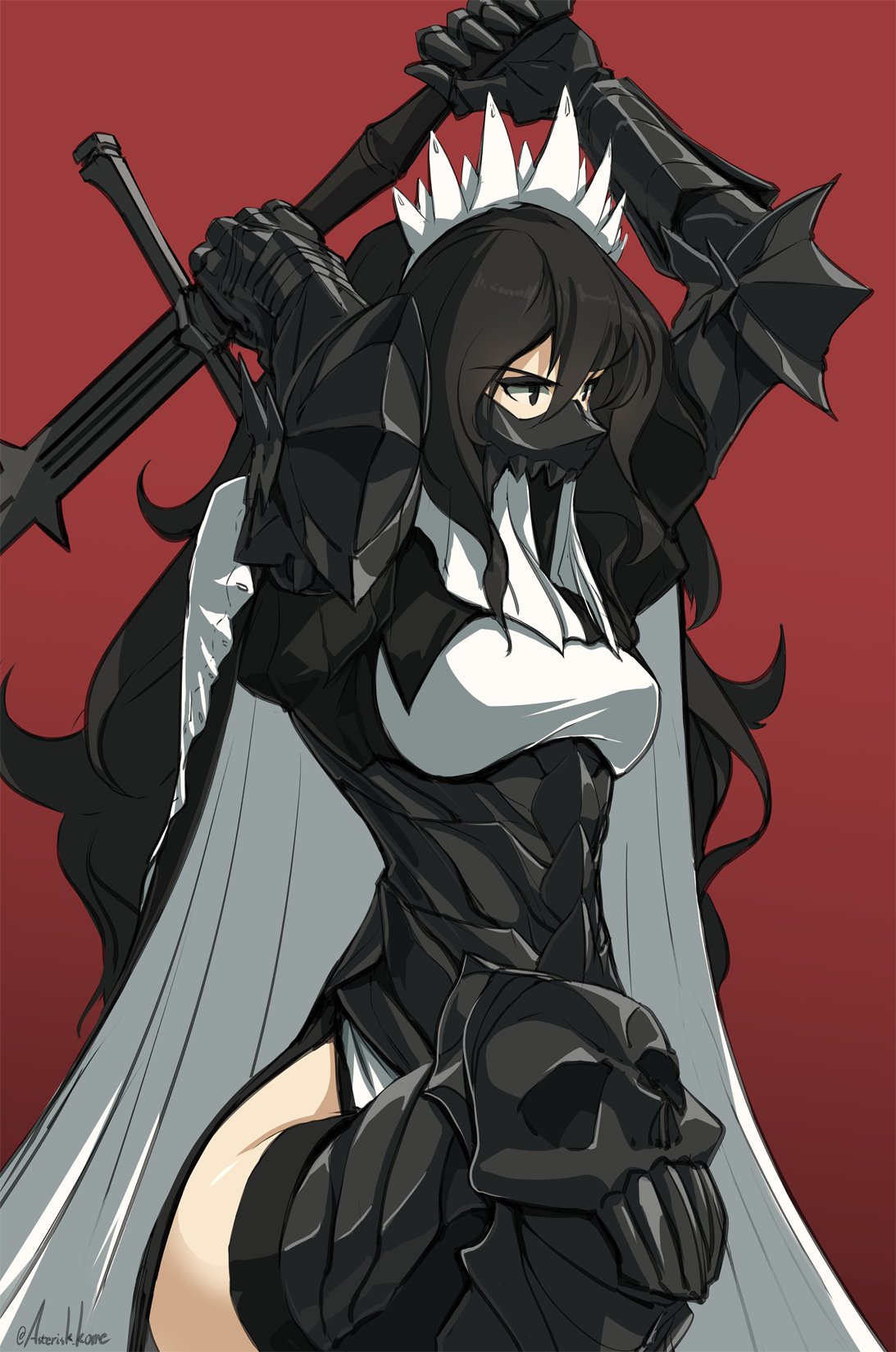1girl, artist_name, asterisk_kome, black_hair, cape, fighting_stance, gauntlets, highres