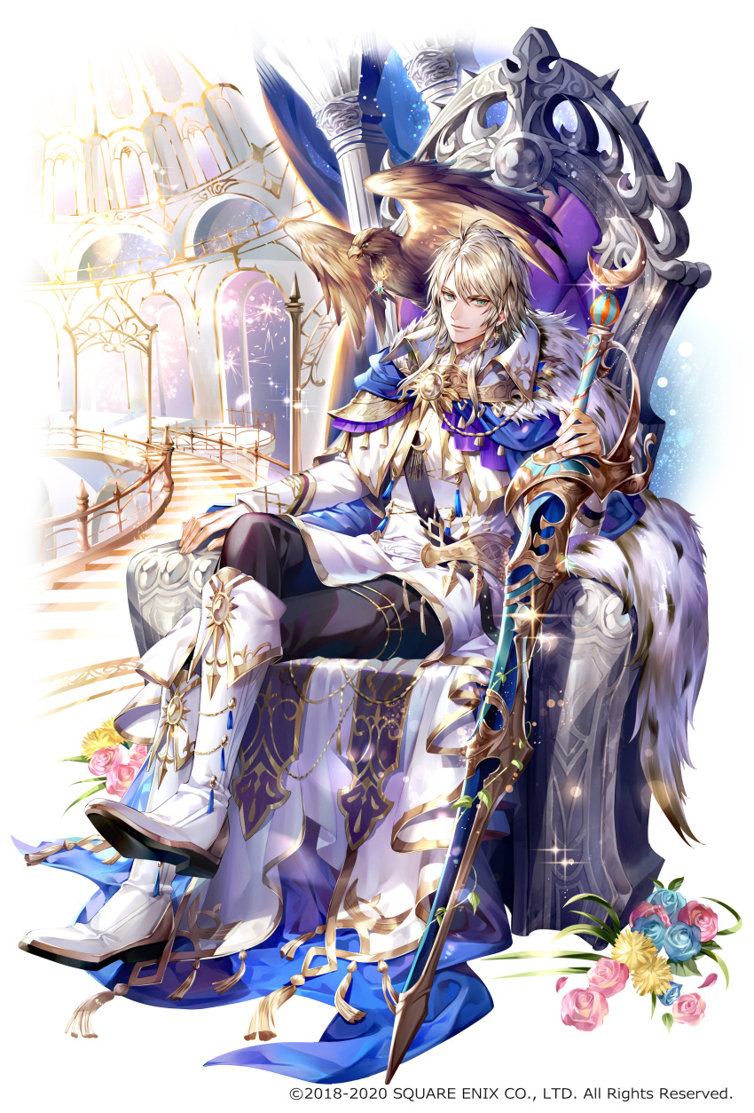 1boy, absurdres, bird, bishounen, black_pants, boots, crescent, eagle
