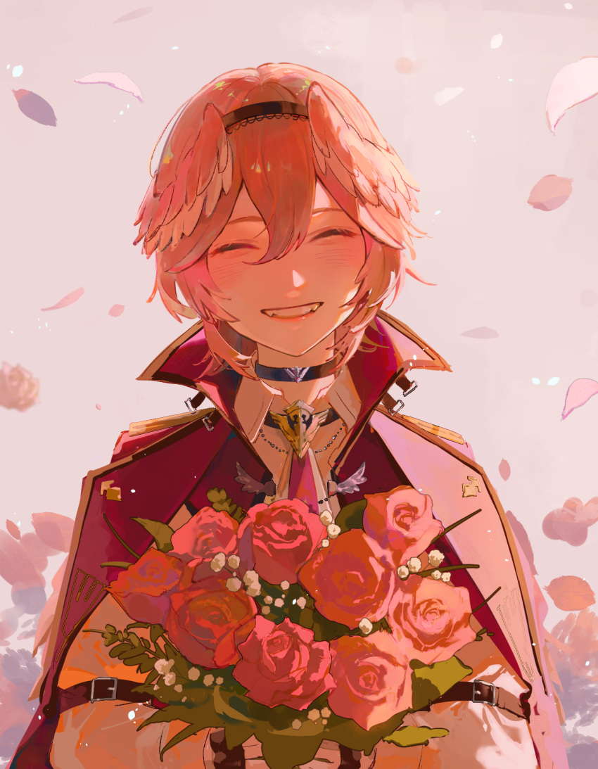 1girl, bangs, black_choker, black_hairband, blush, bouquet, choker, cloak