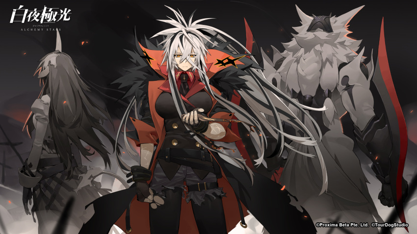 1boy, 2girls, alchemy_stars, animal_ears, bangs, belt, black_coat, black_gloves