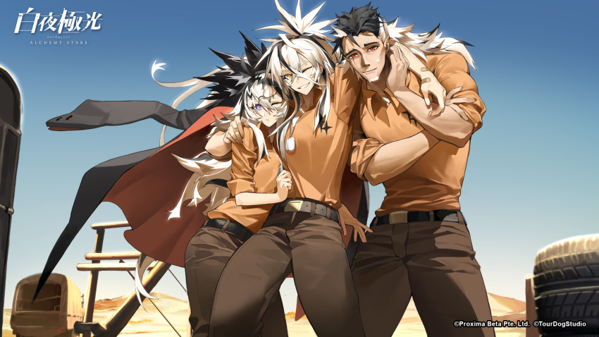 1boy, 2girls, alchemy_stars, arm_around_shoulder, bandaid, bandaid_on_arm, bandaid_on_hand, bangs