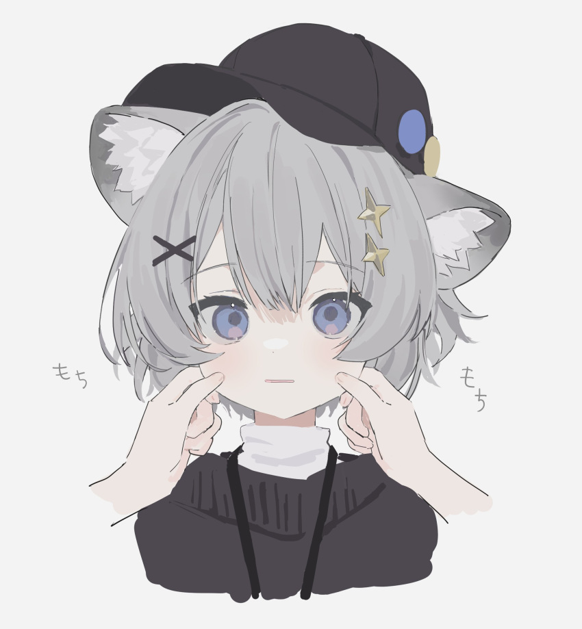 1girl, 1other, 33bun3, animal_ear_fluff, animal_ears, badge, black_headwear, blue_eyes