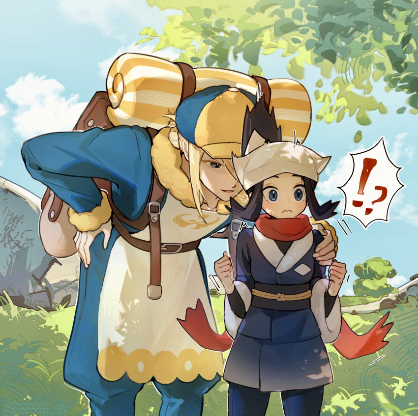 !?, 1boy, 1girl, =3, akari_(pokemon), backpack, bag, belt, bent_over, black_hair, black_sash, black_shirt, blonde_hair, blue_eyes, blue_jumpsuit, blush, brown_bag, brown_belt, closed_mouth, clouds, commentary_request, day, expressive_hair, frown, hand_on_another's_shoulder, head_scarf, highres, hongxiaoyuji, jacket, jumpsuit, outdoors, pantyhose, pokemon, pokemon_(game), pokemon_legends:_arceus, sash, shirt, sidelocks, skirt, sky, surprised, volo_(pokemon), white_headwear