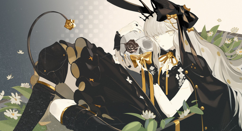 1girl, alchemy_stars, animal_ears, bangs, black_bow, black_dress, black_footwear, black_jacket