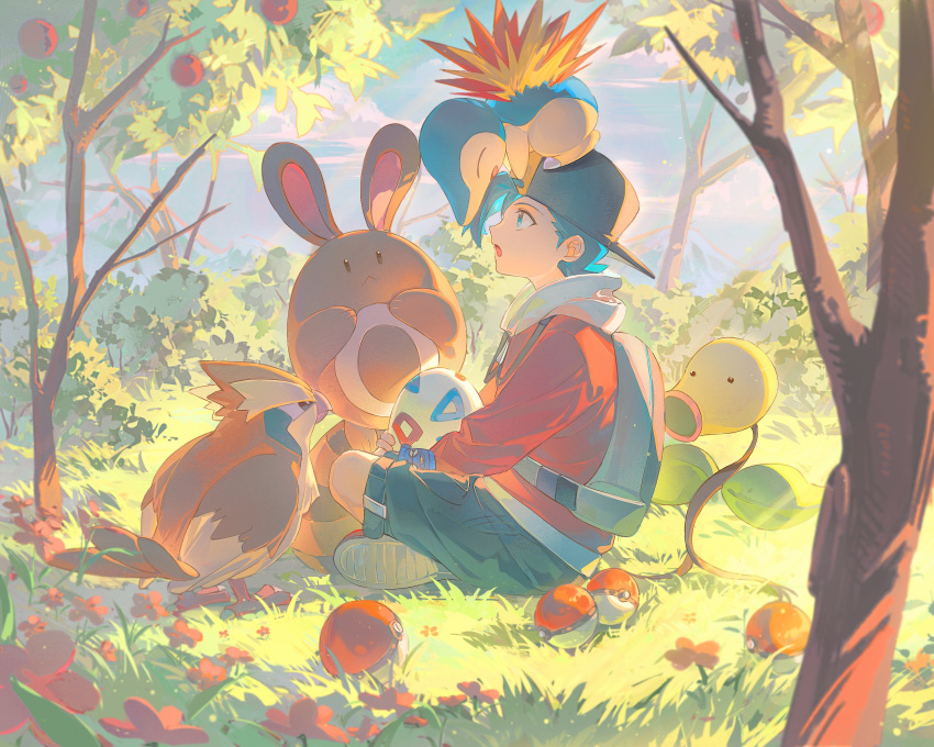1boy, :o, absurdres, backwards_hat, bakutiku, baseball_cap, bellsprout, bird, black_shorts, blue_eyes, commentary_request, cyndaquil, day, egg, ethan_(pokemon), from_side, grass, hat, highres, holding, holding_egg, jacket, male_focus, on_head, open_mouth, outdoors, pidgey, poke_ball, poke_ball_(basic), pokemon, pokemon_(creature), pokemon_(game), pokemon_hgss, pokemon_on_head, red_footwear, red_jacket, sentret, shoes, shorts, sitting, togepi_egg
