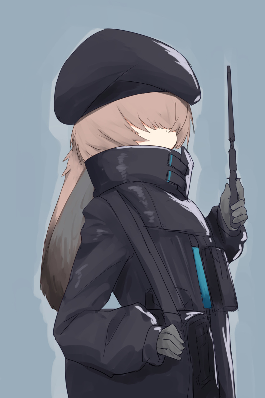 1girl, animal_ears, arknights, bag, beret, black_bag, black_headwear, black_jacket, blue_background, brown_hair, floppy_ears, hair_over_eyes, hat, highres, holding, holding_wand, jacket, kidzuchi, long_sleeves, rabbit_ears, reserve_operator_caster_(arknights), short_hair, shoulder_bag, simple_background, solo, upper_body, wand