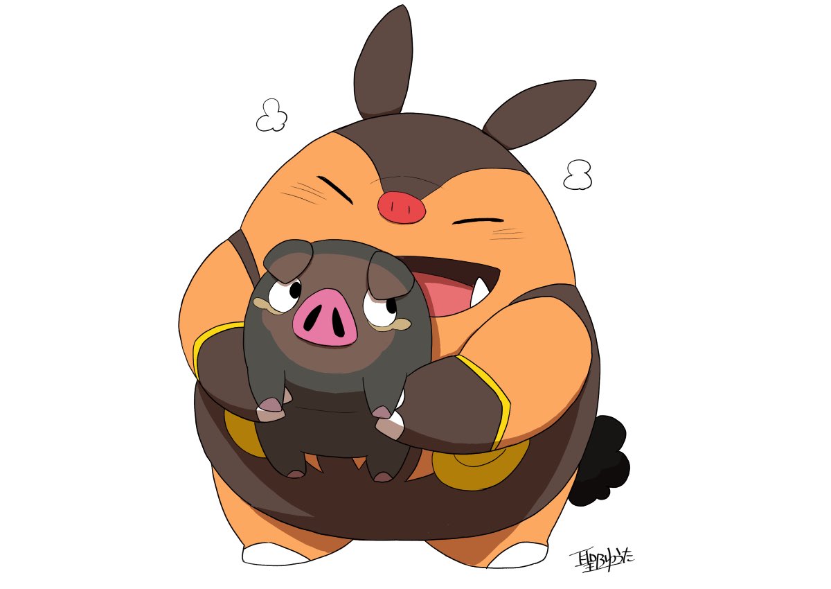 :d, closed_eyes, commentary_request, fang, hijirino_yuuta, holding, holding_pokemon, lechonk