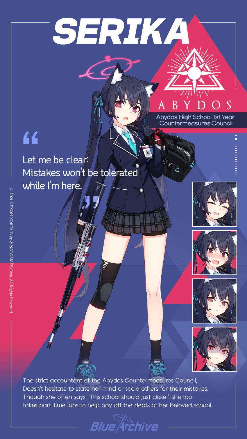 1girl, absurdres, animal_ears, assault_rifle, asymmetrical_legwear, bag, beretta_ar70, black_hair