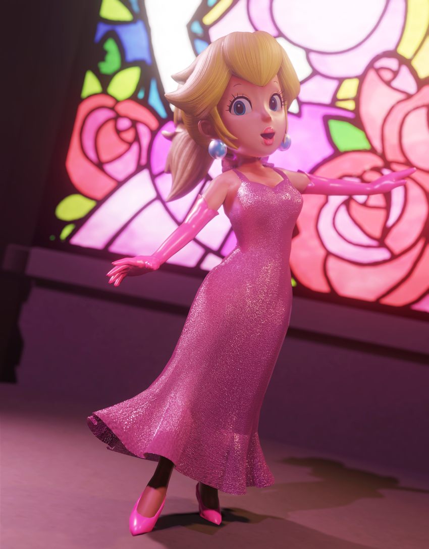 3d, absurdres, blonde_hair, blue_eyes, crown, dress, gloves, highres