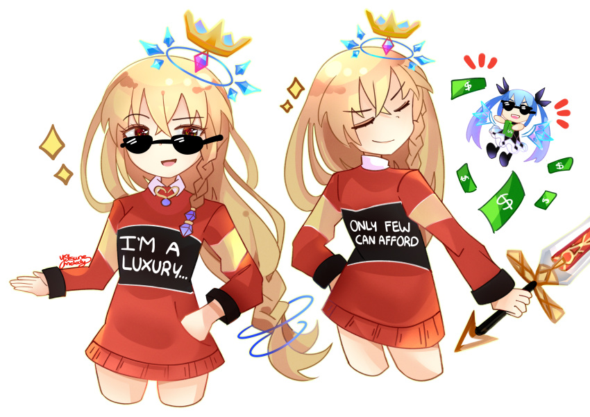 2girls, absurdres, alternate_costume, artist_name, bangs, blonde_hair, braid, brown_eyes