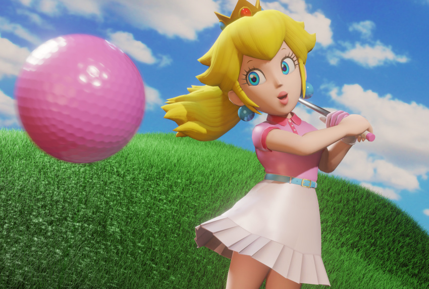 3d, ball, blonde_hair, blue_eyes, crown, golf_ball, highres, inkbennie
