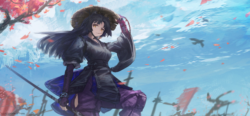 1girl, animal_ears, arknights, artist_name, bangs, bird, black_hair, black_kimono, dog_ears, fingerless_gloves, franlol, gloves, hand_on_headwear, hat, highres, hip_vent, holding, holding_polearm, holding_weapon, japanese_clothes, kimono, long_hair, looking_at_viewer, mouth_hold, outdoors, pants, parted_bangs, petals, polearm, purple_gloves, purple_pants, saga_(arknights), stalk_in_mouth, standing, straw_hat, tree, weapon, wide_sleeves, yellow_eyes