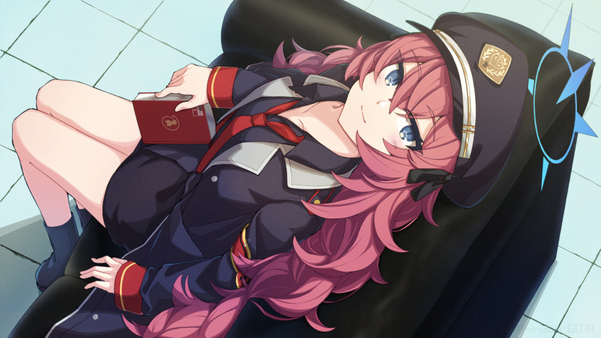 1girl, armband, black_ribbon, black_shirt, blue_archive, blue_eyes, book, boots, collarbone, couch, from_above, hat, highres, hiraba_6018, iroha_(blue_archive), long_hair, looking_up, military, military_hat, military_jacket, military_uniform, necktie, red_necktie, redhead, ribbon, safety_pin, shirt, solo, thighs, uniform