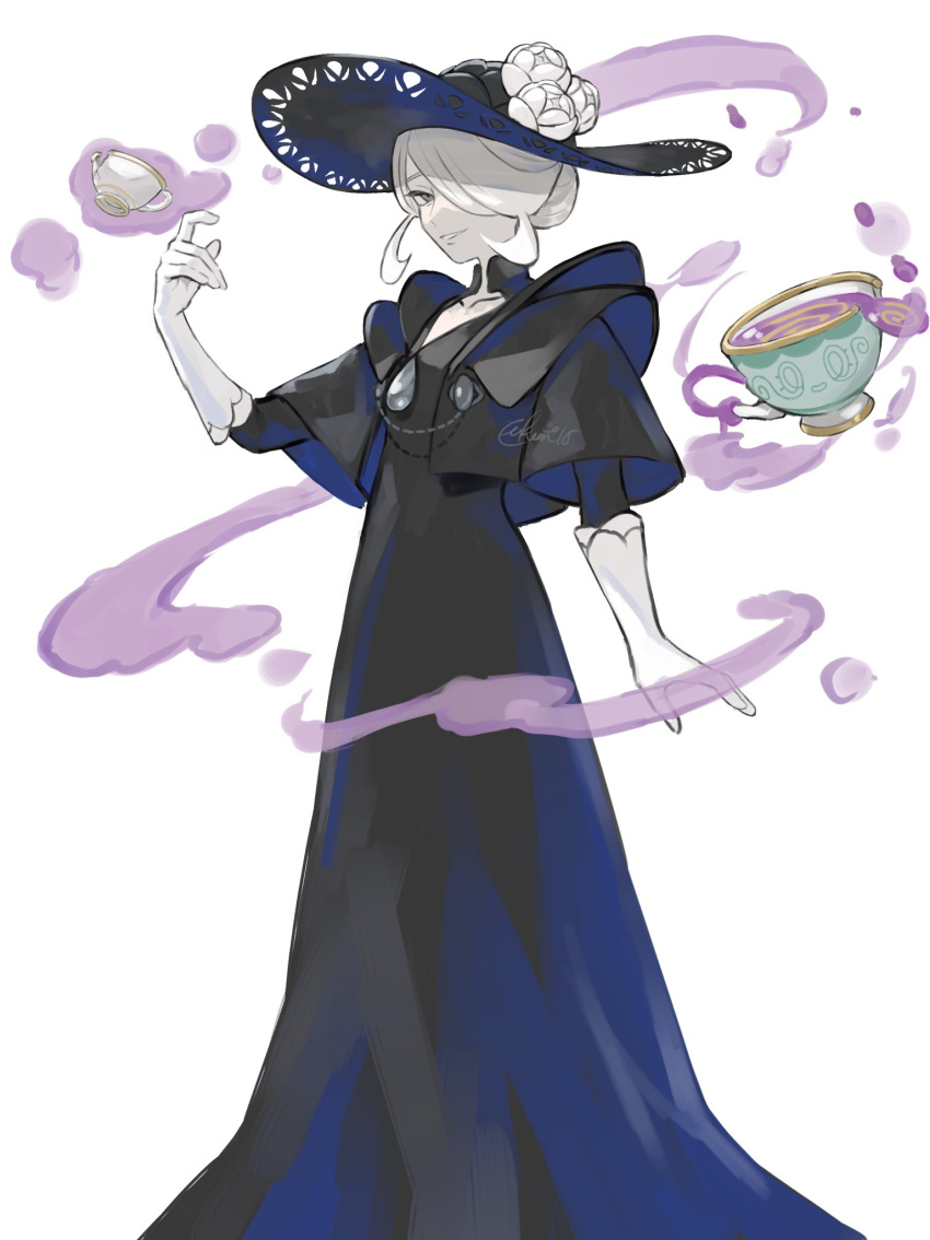 1girl, bangs, black_choker, black_dress, black_headwear, chain, choker, cogita_(pokemon)
