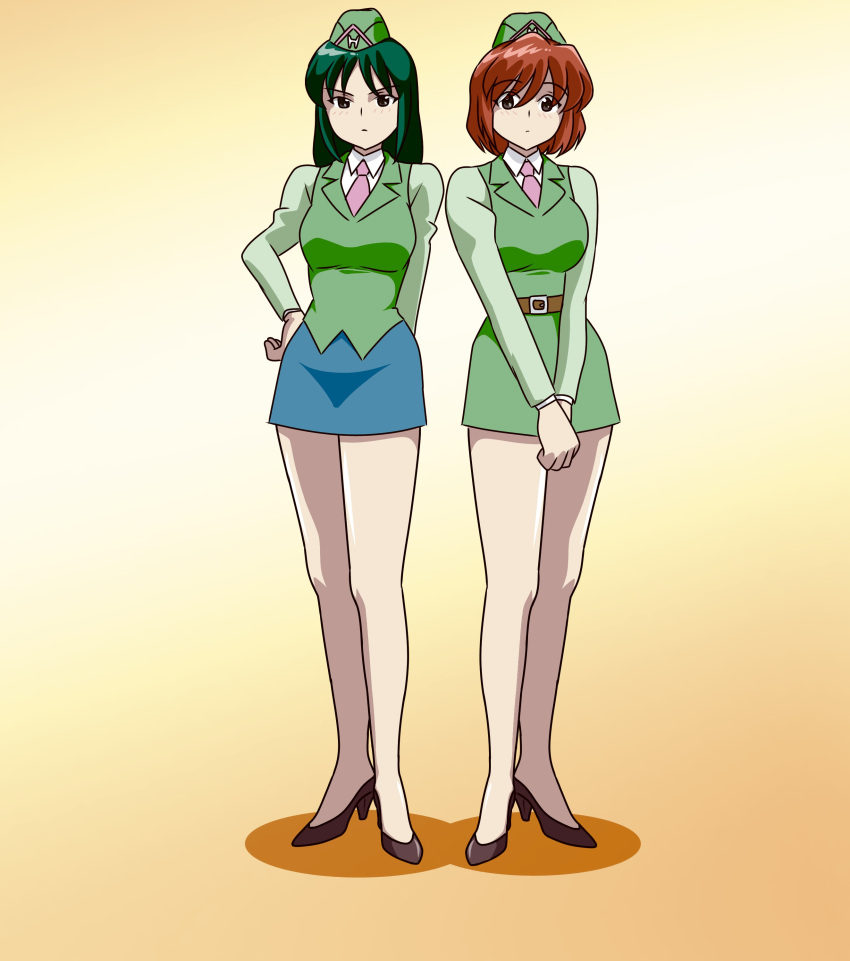 2girls, absurdres, agent_aika, aika_(series), alternate_costume, bangs, belt, blue_delmo