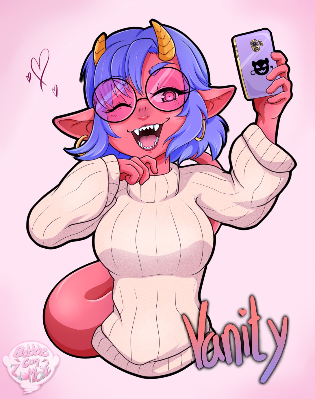 1girl, borrowed_character, breasts, bubblegumzombi, cellphone, dragon_girl, earrings, horns, monster_girl, original, pointy_ears, purple_hair, red_skin, short_hair, solo, sunglasses, sweater, tail, vanity_(rubberninja), wink
