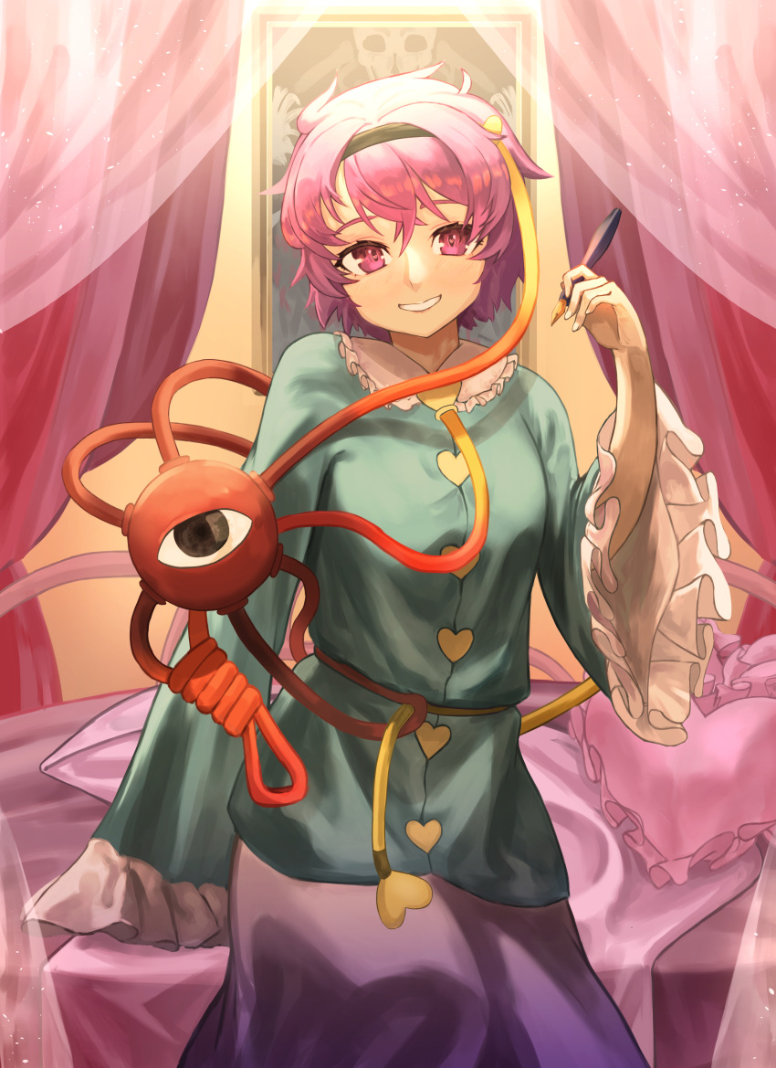 1girl, absurdres, arm_support, black_eyes, black_hairband, blanket, blouse, blue_shirt