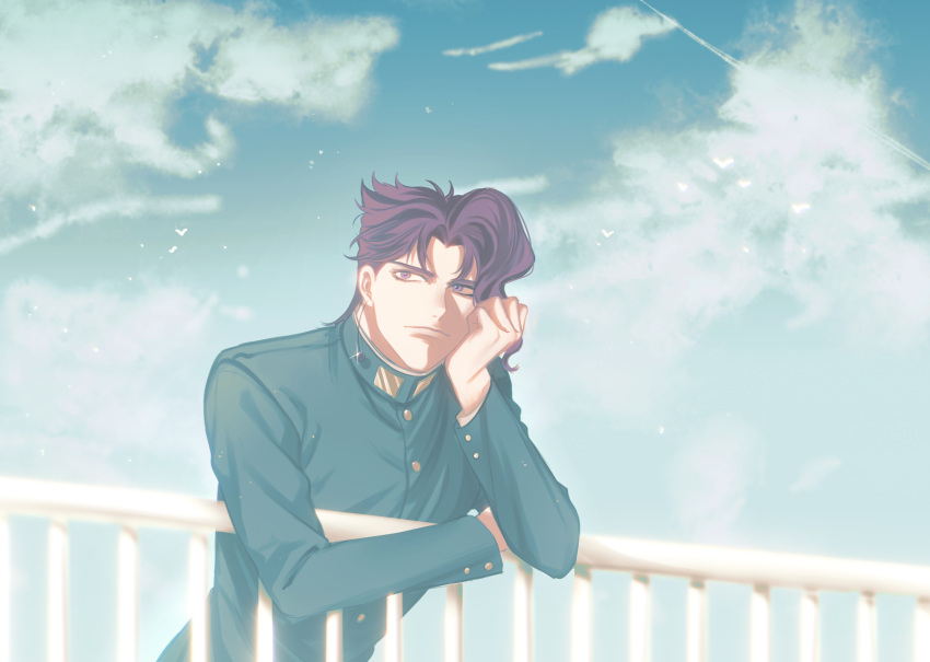 1boy, asymmetrical_bangs, bangs, bird, cherry_earrings, day, earrings, food-themed_earrings