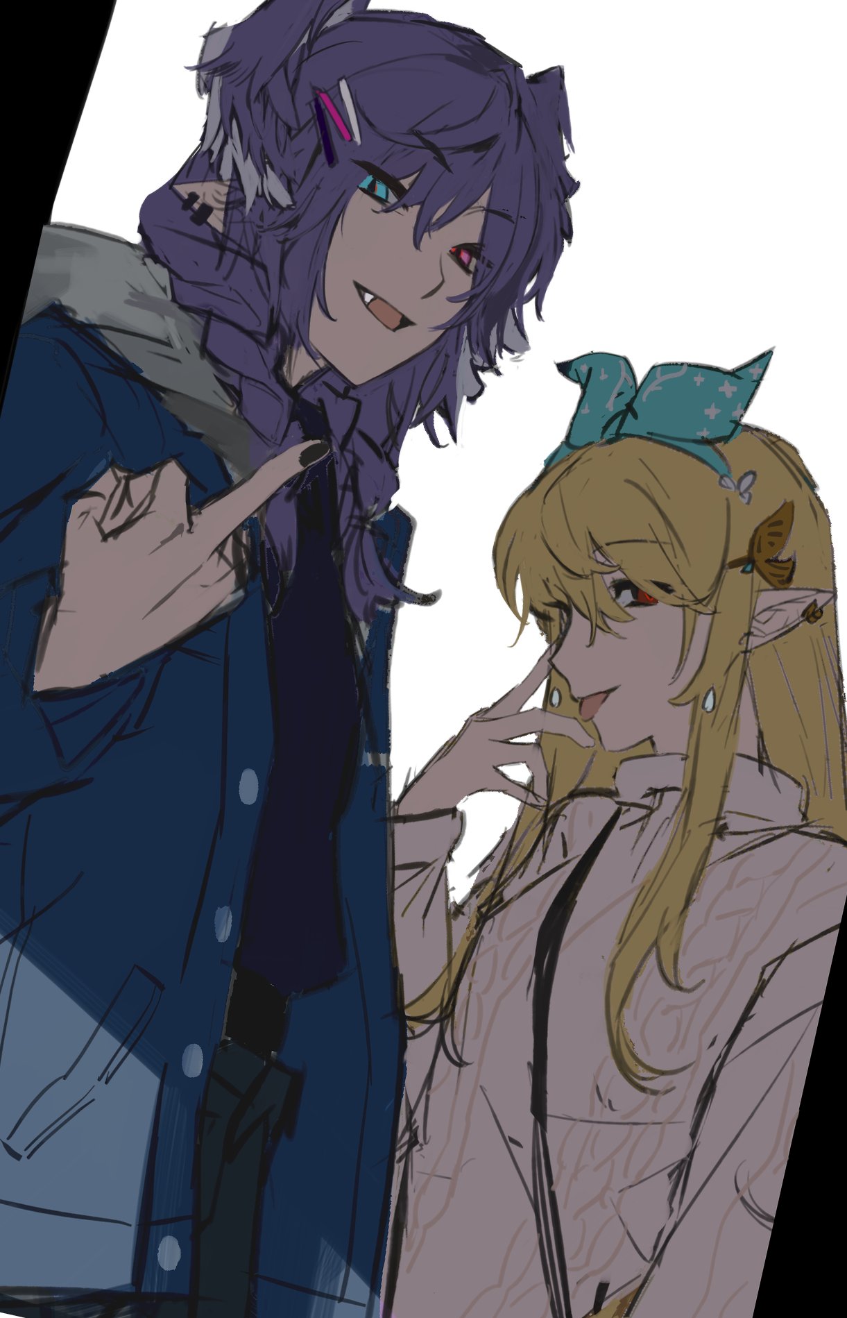 2girls, bag, black_nails, black_shorts, blonde_hair, blue_eyes, blue_hoodie, blue_shirt