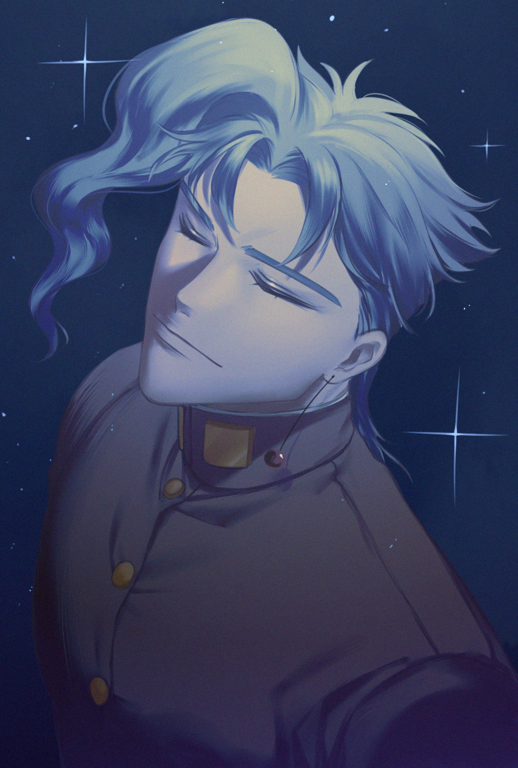1boy, alternate_color, asymmetrical_bangs, bangs, blue_hair, cherry_earrings, closed_eyes, earrings, facing_up, food-themed_earrings, gakuran, highres, huayv666, jewelry, jojo_no_kimyou_na_bouken, kakyoin_noriaki, long_hair, parted_bangs, school_uniform, smile, solo, sparkle, stardust_crusaders, thick_eyebrows