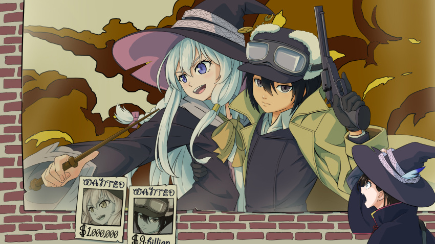 3girls, androgynous, black_eyes, black_hair, bow, coat, colt_1851_navy, crossover, elaina_(majo_no_tabitabi), fur_hat, goggles, gun, hat, hat_feather, headwear_request, highres, holding, holding_gun, holding_wand, holding_weapon, hug, kino_(kino_no_tabi), kino_no_tabi, long_hair, m_kyo, majo_no_tabitabi, multiple_girls, poster_(object), revolver, ribbon, saya_(majo_no_tabitabi), short_hair, tomboy, trait_connection, violet_eyes, wand, wanted, weapon, white_hair, witch, witch_hat