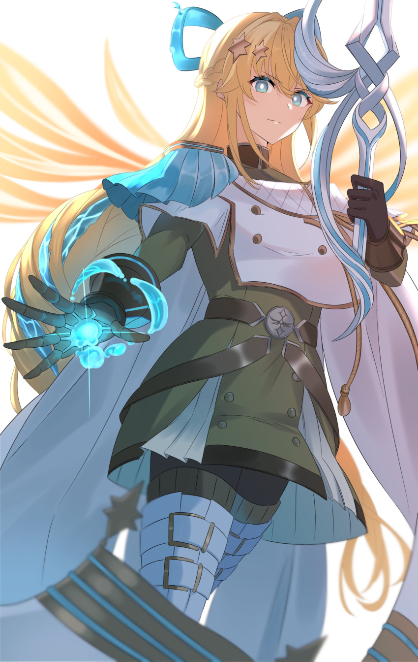 1girl, bangs, belt, black_legwear, blonde_hair, blue_bow, blue_eyes, boots, bow, braid, cape, crown_braid, dress, duel_monster, epaulettes, exosister_mikailis, gloves, green_dress, hair_bow, hair_ornament, heichi, highres, holding, holding_sword, holding_weapon, leg_belt, long_hair, single_epaulette, solo, star_(symbol), star_hair_ornament, sword, thigh_boots, weapon, white_footwear, yu-gi-oh!