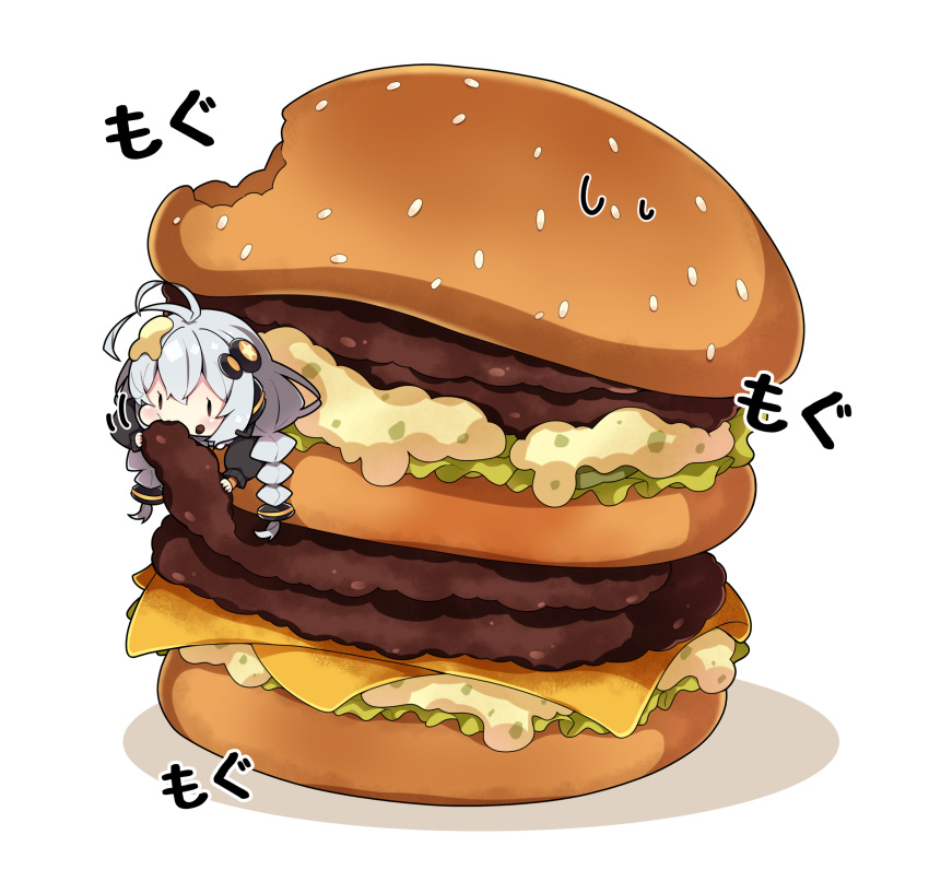 1girl, antenna_hair, bangs, big_mac, black_jacket, blush, braid, brown_eyes, burger, chibi, closed_mouth, commentary_request, eating, food, food_on_face, grey_hair, hair_between_eyes, hair_ornament, headset, highres, in_food, jacket, kizuna_akari, long_hair, long_sleeves, low_twintails, mcdonald's, milkpanda, minigirl, puffy_cheeks, puffy_long_sleeves, puffy_sleeves, shadow, simple_background, solo, star_(symbol), translation_request, twin_braids, twintails, very_long_hair, voiceroid, white_background