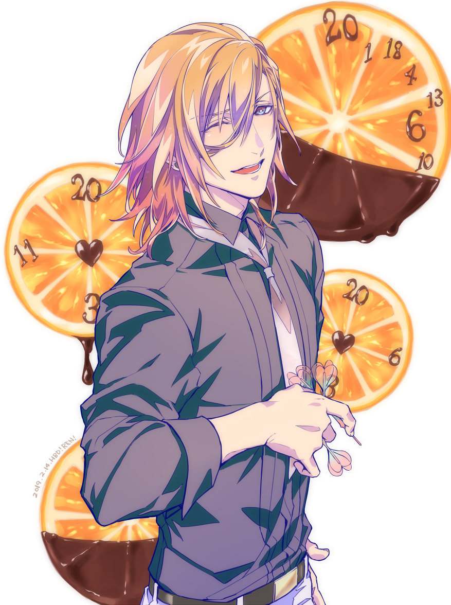 1boy, ;d, black_shirt, blue_eyes, chocolate, collared_shirt, dart, food