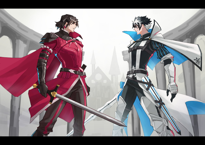 2boys, armor, belt, black_eyes, black_gloves, black_hair, black_pants, black_shirt