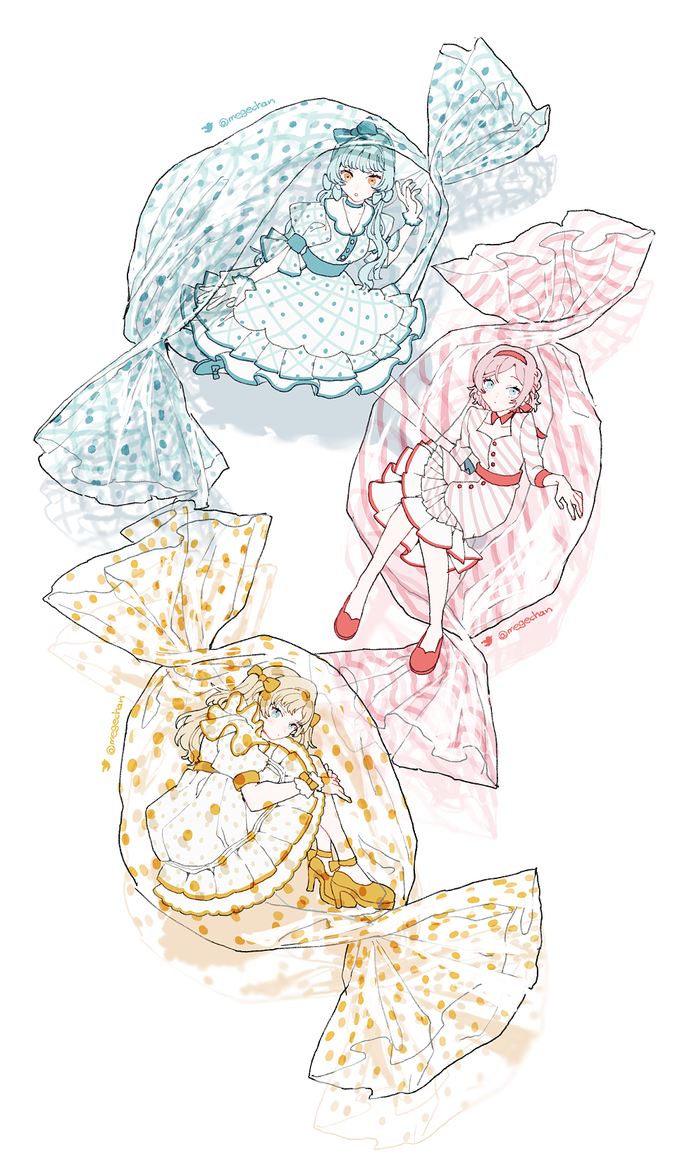 3girls, :o, bangs, blonde_hair, blue_eyes, blue_hair, blush, bow