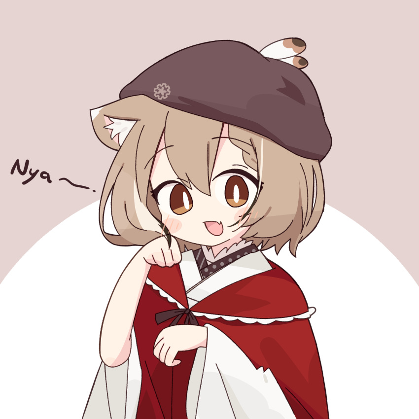 1girl, animal_ears, bangs, beret, braid, braided_bangs, brown_eyes, brown_hair, cat_ears, cat_girl, fang, feathers, hat, highres, hololive, hololive_english, japanese_clothes, kimono, looking_at_viewer, multicolored_hair, nanashi_mumei, official_alternate_costume, paw_pose, potato7192, red_shawl, ribbon, shawl, short_hair, skin_fang, streaked_hair, virtual_youtuber, white_kimono, wide_sleeves