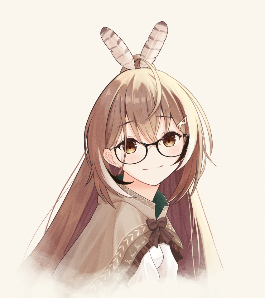 1girl, absurdres, ahoge, bangs, bespectacled, brown_capelet, brown_cloak, brown_eyes