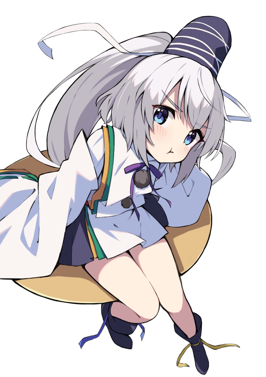 1girl, :t, bangs, black_headwear, blue_eyes, closed_mouth, eyebrows_visible_through_hair, grey_hair