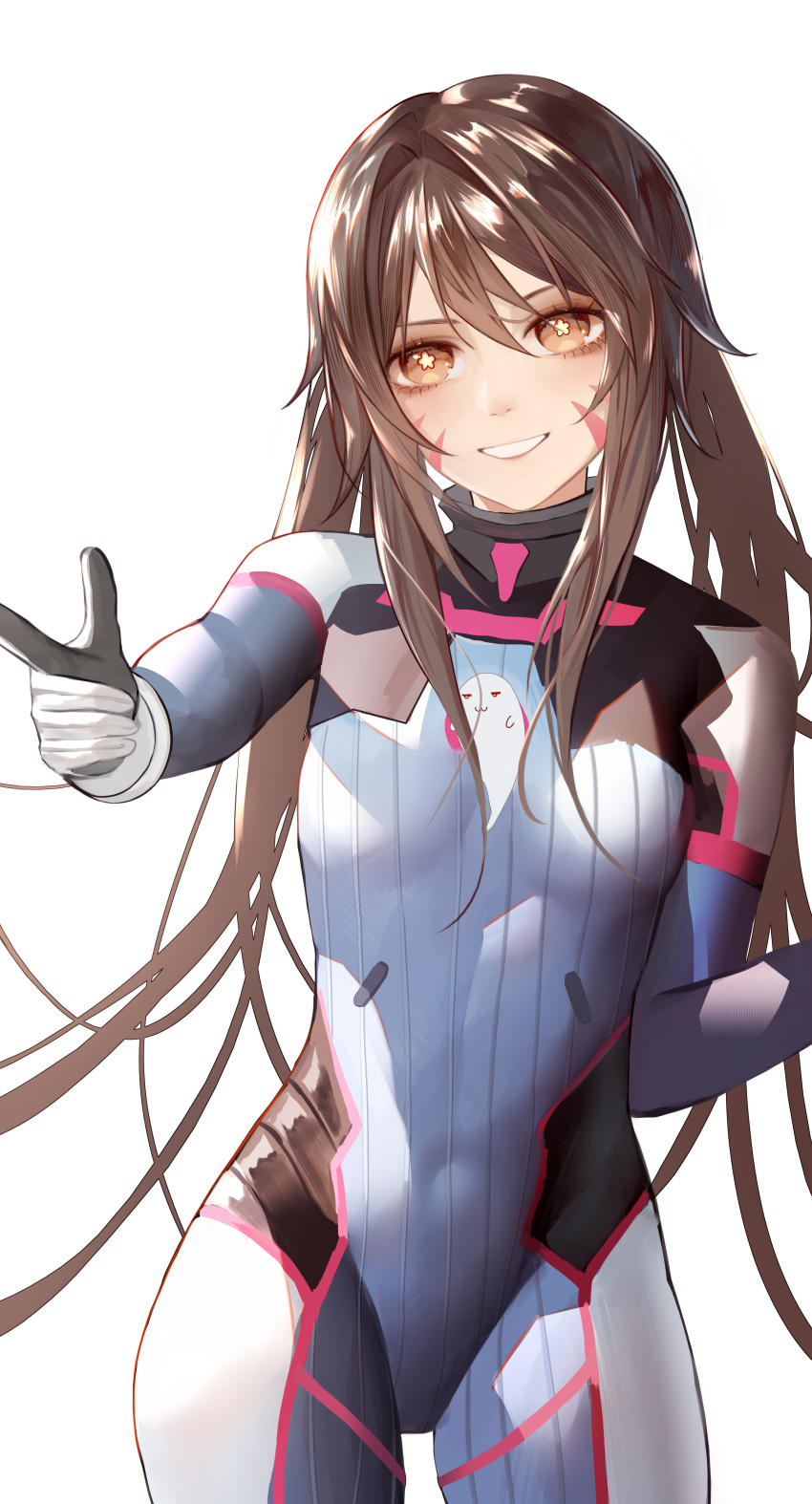 1girl, absurdres, blue_bodysuit, bodysuit, brown_eyes, brown_hair, cosplay, cowboy_shot, d.va_(overwatch), d.va_(overwatch)_(cosplay), facial_mark, floating_hair, genshin_impact, grin, hair_intakes, highres, hu_tao_(genshin_impact), index_finger_raised, long_hair, looking_at_viewer, no_headwear, overwatch, shiny, shiny_hair, simple_background, smile, solo, standing, symbol-shaped_pupils, thigh_gap, twintails, very_long_hair, white_background, zhi_wozi
