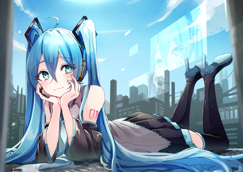 1girl, :3, absurdres, ahoge, aqua_eyes, arm_tattoo, bangs, black_footwear, black_skirt, black_sleeves, blue_hair, boots, closed_mouth, collared_shirt, day, detached_sleeves, eyebrows_visible_through_hair, full_body, grey_shirt, hair_between_eyes, hair_ornament, hatsune_miku, head_rest, headphones, headset, high_heel_boots, high_heels, highres, kusunokimizuha, long_hair, long_sleeves, looking_at_viewer, lying, microphone, miniskirt, number_tattoo, on_stomach, outdoors, pleated_skirt, shirt, skirt, sleeveless, sleeveless_shirt, solo, tattoo, the_pose, thigh_boots, twintails, very_long_hair, vocaloid, wing_collar, zettai_ryouiki