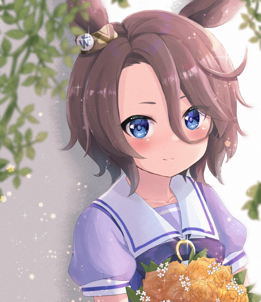 1girl, animal_ears, blue_eyes, blush, bouquet, bow, bowtie, closed_mouth