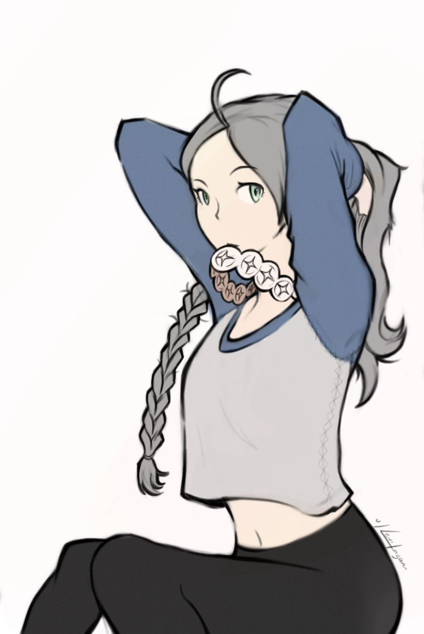 1girl, ahoge, alternate_costume, arms_up, bangs, blue_eyes, braiding_hair, casual