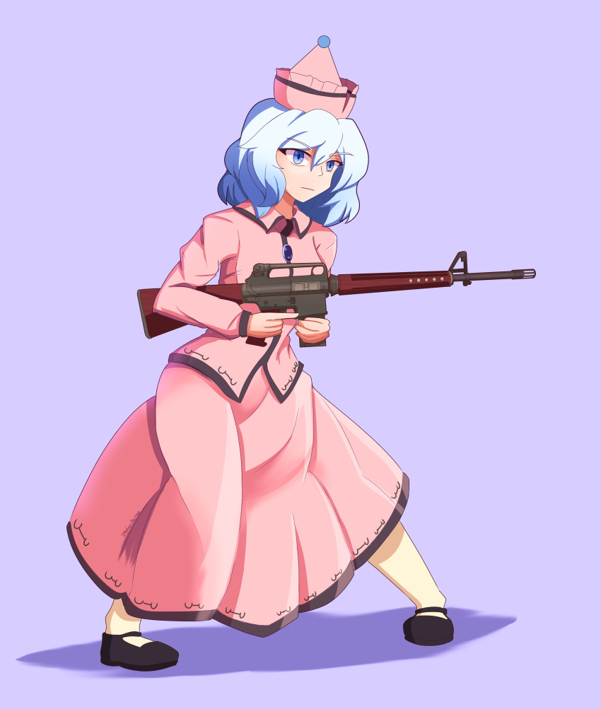 1girl, absurdres, ar-10, bangs, battle_rifle, black_footwear, blue_eyes, blue_hair