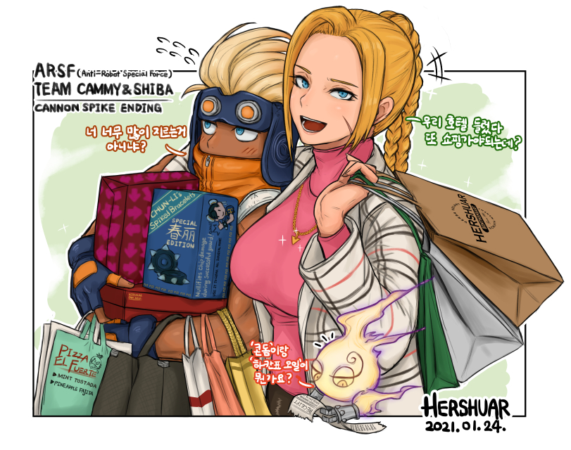 1boy, 1girl, 1other, akabi_(gunspike), alternate_hairstyle, arm_around_shoulder, bag, blonde_hair