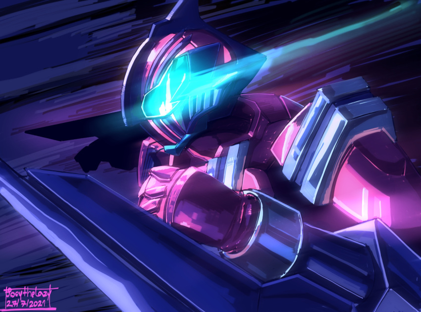 1boy, 2021, arm_blade, artist_name, barcode, blue_eyes, clenched_hand, dated