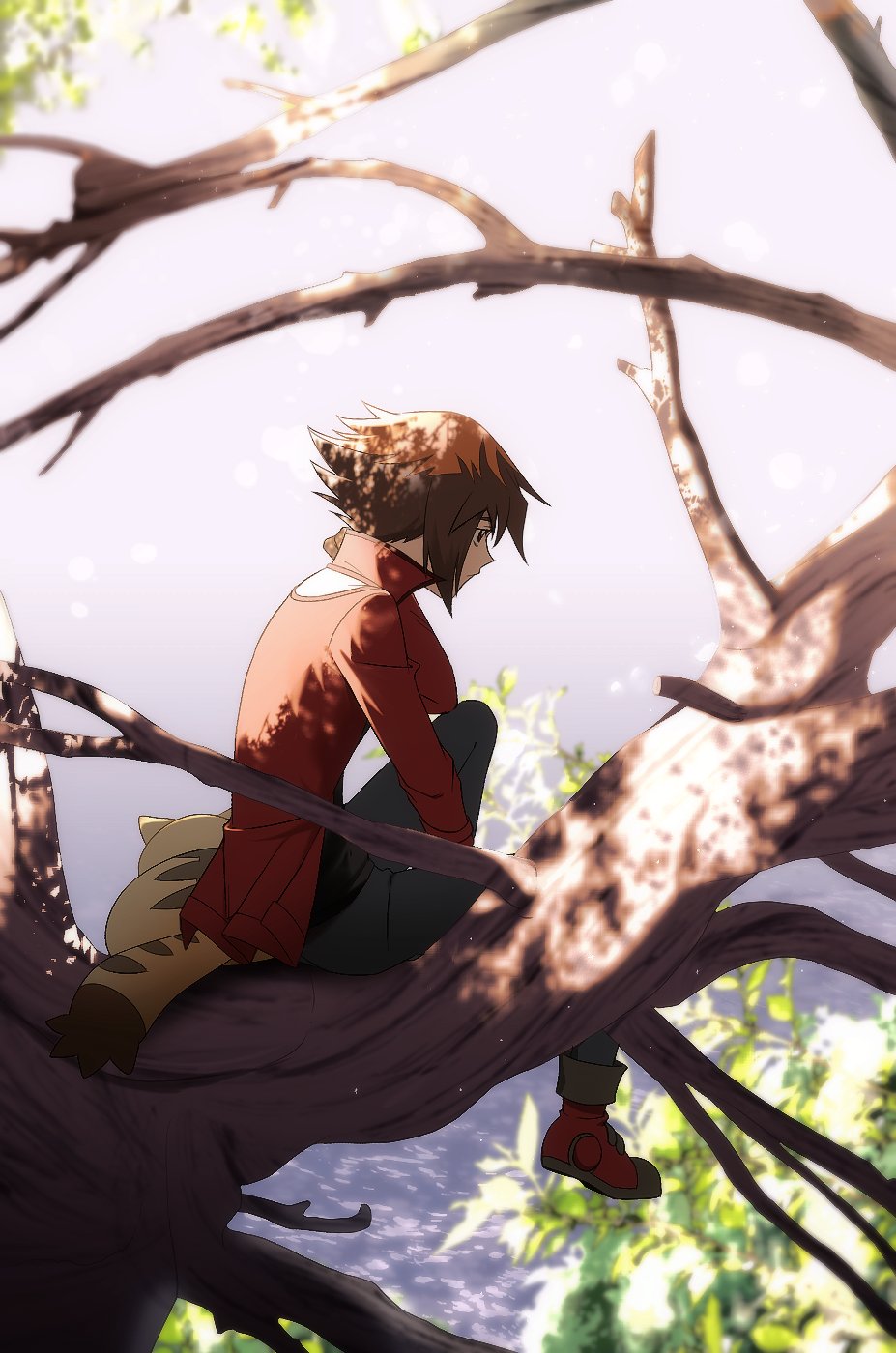1boy, black_pants, black_shirt, branch, brown_hair, cat, collared_jacket, duel_academy_uniform_(yu-gi-oh!_gx)