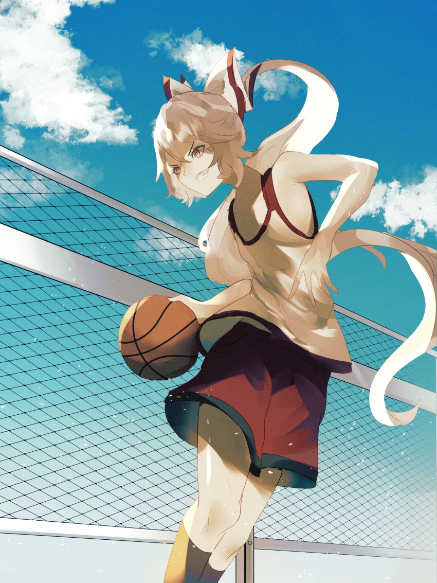 1girl, absurdres, armpits, bangs, basket, basketball, basketball_jersey, blue_sky, bow, chain-link_fence, clouds, cropped_legs, dribbling_(basketball), fence, fujiwara_no_mokou, furrowed_brow, grey_hair, hair_bow, highres, holding, holding_basket, kneehighs, naufaldreamer, open_mouth, outdoors, playing_sports, red_eyes, red_shorts, running, shirt, shorts, sidelocks, sky, sleeveless, smile, solo, sportswear, sweat, teeth, touhou, white_bow, white_hair, white_shirt