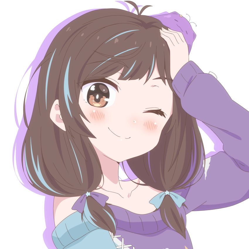 1girl, absurdres, antenna_hair, arm_up, blob, blue_bow, blue_hair, blue_sweater