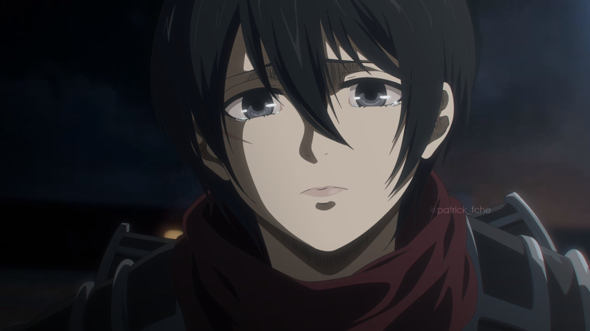 artist_name, bangs, black_eyes, black_hair, hair_between_eyes, highres, looking_at_viewer, mikasa_ackerman